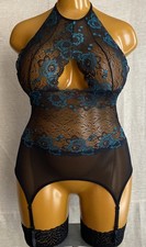 Ann Summers Halter Neck Cami Suspender, Black Mesh & Green Lace, UK 12-14