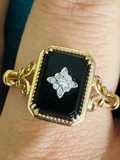 Unique 10k Gold Emerald Cut Black Onyx Vintage Diamond Ring with Certificate