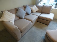 LOVELY  DFS CORNER SUITE SOFA WITH SNUGGLE CHAIR AND POUFFEE, COLOUR /SAND/BEIGE