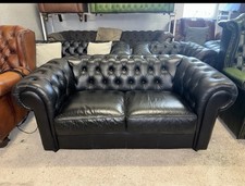 Chesterfield Black Real Leather Two Seater Sofa