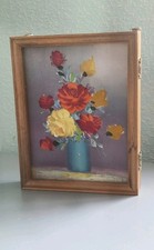 Vintage Hand Painted Flowers Oil on Canvas Wall Mounted Safekeeping Key Cabinet