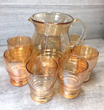 AMBER GLASS LEMONADE SET  JUG PITCHER AND 6 GLASSES VINTAGE summer home bar
