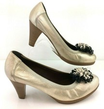 RIVA Gold Metallic Leather Platform Heel Court Shoes Flower Trim 40 UK 6.5 *NEW*