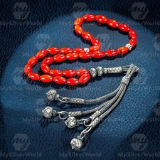 1000 Ct Silver Turkish Kazaz Rice Coral Islamic 33 Prayer Beads Tasbeeh Rosary