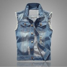 Mens Ripped Denim Vest Sleeveless Trucker Biker Jeans Jacket Waistcoat Gilet