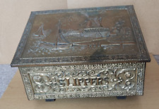 Peerage Embossed Brass Fireside Slipper Box. Wood Lined, Sloping Lid. Vintage