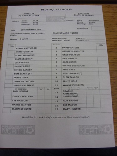 2011 teamsheet fc - 10/12/2011, teamsheet: