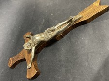 Vintage French Oak Wooden Crucifix With Bronzed Jesus Mount 10”