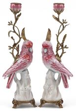 Pair of Gilt Bronze & Porcelain Parrot Cockatoo Candlesticks Candelabras 40 cm