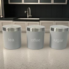 Set of 3 Kitchen Storage Canisters Jar Pots for Tea Coffee Sugar - Grey