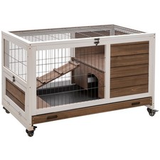 PawHut Rabbit Cages, Guinea Pig Hutch w/ Roof & Wheels, No-Leak Tray, Brown