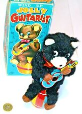 ROCK N ROLL TOY CLOCKWORK JOLLY GUITARIST BEAR C1950S NOMURA TOYS JAPAN BOXED 
