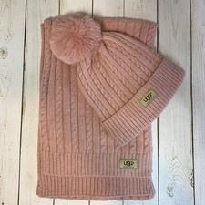 New UGG Cableknit Hat and Scarf Set Blush Pink Cashmere Blend Women's OS