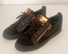 Giuseppe Zanotti Men’s Black Leather Suede Sneakers with Gold Plate – UK 10