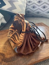 Leather/velour Tiger Fabric Coin Pouch Drawstring, Handmade In UK