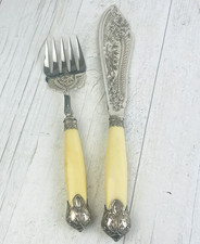 Hallmarked solid silver fish slice and serving fork bone handle,  Sheffield 1892