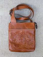 Patricia Nash "Stipes" tan brown tooled genuine leather crossbody/sling bag.