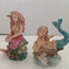 2 Mermaid Nautical Sea Fantasy Statue Figurine 1 With SeaShells& 1 on driftwood