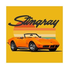 1973 Corvette Stingray Poster Retro Sunset Orange Convertible Wall Art