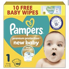 Pampers Premium Protection New Baby Size 1, 180 Nappies, 2kg-5kg, Monthly Pack +