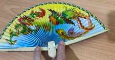 VINTAGE DOUBLE SIDED FOLDING HAND FAN - PEACOCK OR DRAGONS