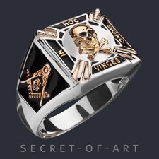 Masonic Ring Silver 925 Skull Memento Mori Freemason Master Mason 18KGoldPlating