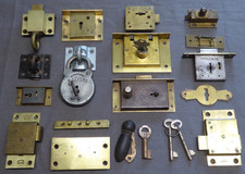 A Job Lot of Victorian Vintage Brass Locks Keys Pulls Padlock Bolts Escutcheon