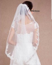 UK 1 Tier White Ivory Short Bridal Wedding Veil Elbow With Comb & Lace Edge 34"