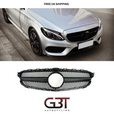 FITS MERCEDES C-CLASS GRILLE AMG STYLE W205 S205 C63 ALL BLACK GRILL GLOSS BLACK