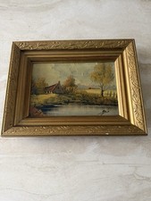 Vintage Gold Framed Oil Canvas Painting Rural Dutch Landscape Signed
