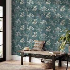 Arthouse Japanese Garden Wallpaper Oriental Trees Birds - Navy Ochre Grey