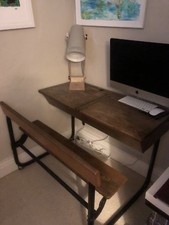 Old Wooden Double Vintage School Desk & Fixed Bench Chair.