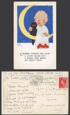 MABEL LUCIE ATTWELL 1937 Old Postcard Crossed Fingers for Luck Black Cat No.3697