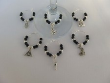 6 Black and Silver Harry Potter Wine Glass Charms - Table Decoration, Gift