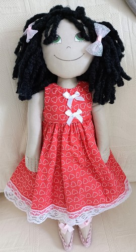 Handmade rag doll black hair - doll,