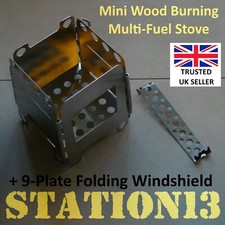 Stainless Steel Backpacking Camping Wood - Multi-Fuel Stove + Folding Windshield