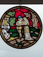 Antique Compact Hand Painted Round Stained Glass Window Panel