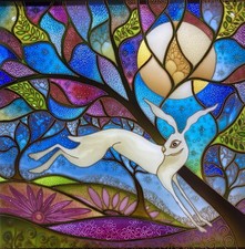 Moon gazing hare.  Unique stained glass style hand painted glass panels by Debs
