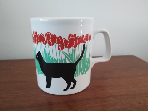 Vintage black cat tulips mug - tulips,