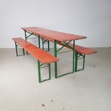 VINTAGE INDUSTRIAL GERMAN BEER TABLE BENCH SET GARDEN FURNITURE ORANGE