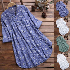 Plus Size Womens Floral Tunic Tops Long Sleeve Baggy Button Up Blouse T-Shirt