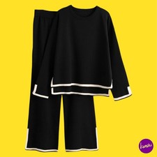 FAMULILY Women's Lounge Set, Colour Block Top & Wide Leg Pants, Black, UK Medium