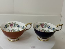 2 X Aynsley Pembroke Tea Cups Cobalt Blue And Burnt Pink Bone China. England.