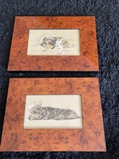 Pair Lucy Dawson Vintage Wood Framed Prints Collie/ Dachshund Dogs