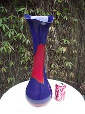 Large 21 Inches Tall Cobalt Blue & Red Blown Art Glass Statement Floor Vase