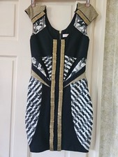 STUNNING "SASS & BIDE" AUSTRALIAN DESIGNER DRESS-BLACK/GOLD STRONG BODYCON- 38EU