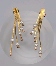 Vintage 9ct Solid Gold Drop Faux Seed Pearl Stud Earrings chain Modernist 