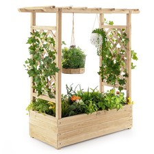 Raised Garden Bed Wooden Garden Planter Box with Arch Trellis Natural