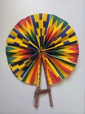 Kente African Print Cotton Tribal Red Blue Yellow Leather Folding Fan