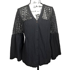 Crochet Sheer Bell Sleeve Button Up Top Large Black Fairy Whimsigoth Boho